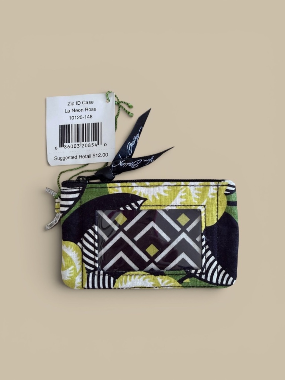 Vera Bradley Green Multicolor La Neon Rose Print Zip ID Case NWT